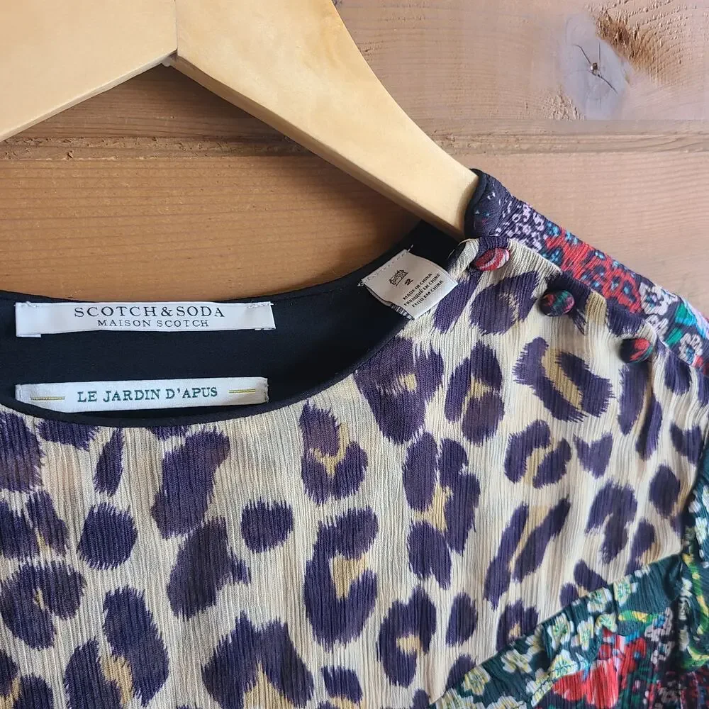 Scotch & Soda Dress Leopard & Lillies Mini Dark Floral 2 NWOT Boho Garden Chic - Picture 3 of 8